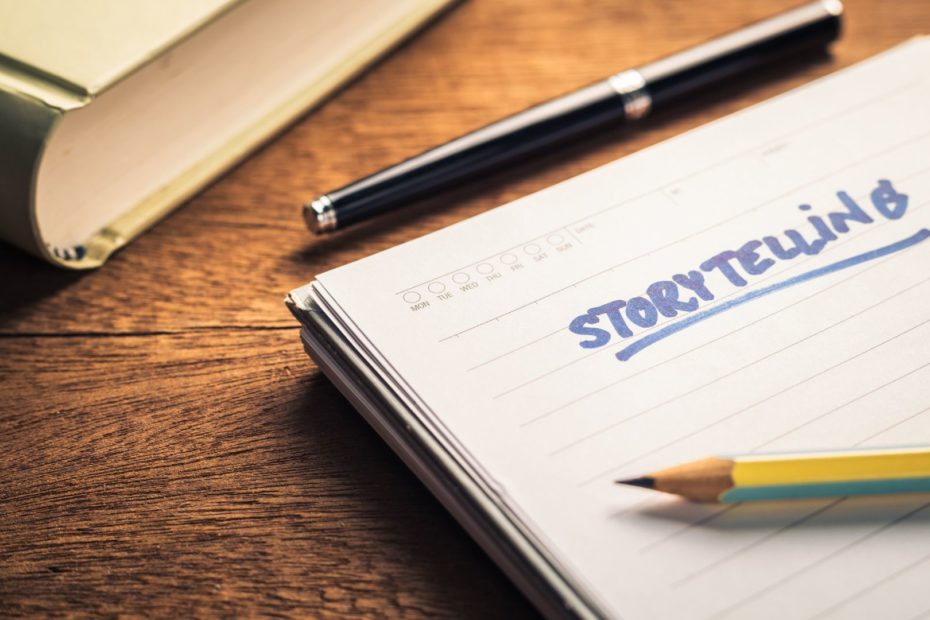 A note book with the word storytelling